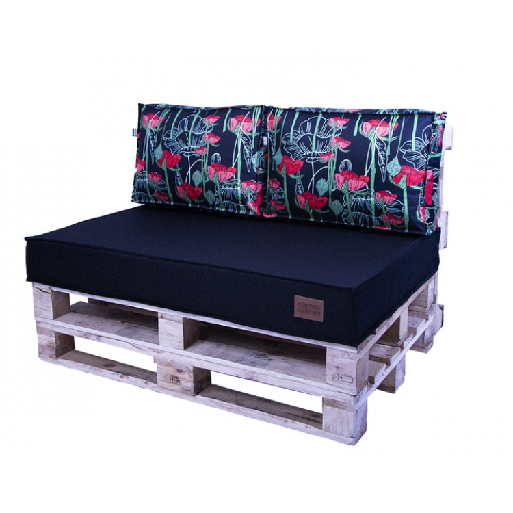 Paletové sedenie Golden Garden GG21 podsedák a vankúš 120cm x 80cm x 15cm Čierne s červenými kvetmi